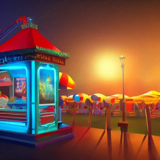 Prompt: carnival ticket booth floating in the sky. artstation, artgem, 4 k render, digital painting, nighttime, smooth gradients