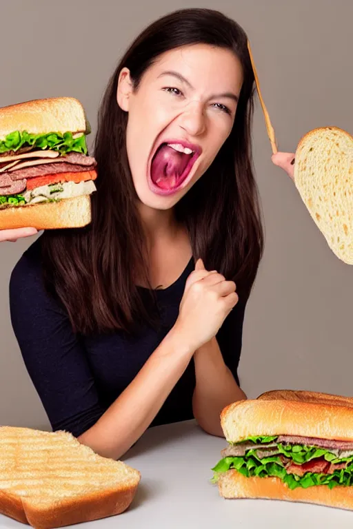 Prompt: realistic studio portrait photo, model eating an absolutely giant sandwich, mouth wide open