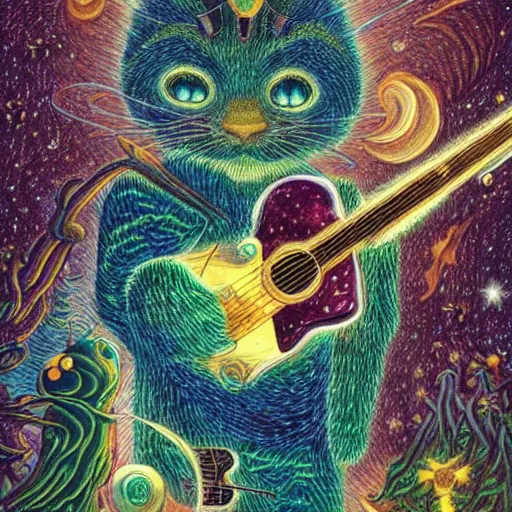 Image similar to morning in the middle of the day in the lush forest, guitar, milky way, designed by moebius, rob gonsalves, gustav dore, giuseppe arcimboldo and carl barks, louis wain, trending on artstation, canada, star, sharp focus, colorful refracted sparkles and lines, soft light, 8 k 4 k