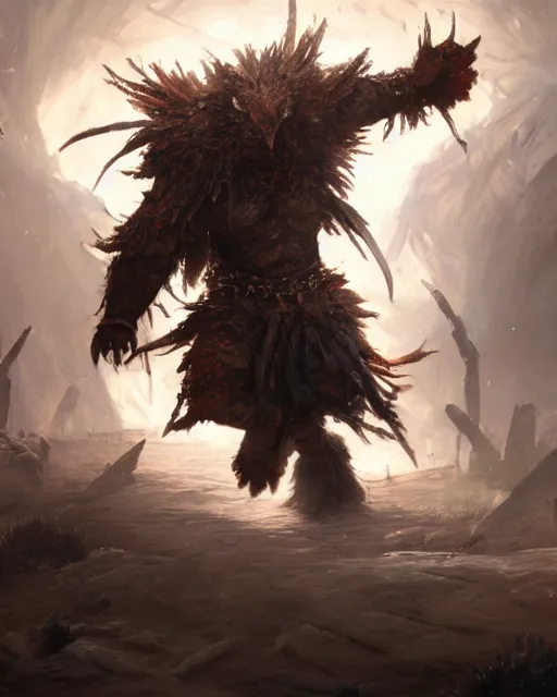 Image similar to oil painting of Angry Anthropomorphized Chicken Berserker, wearing fur armor, claws, sharp focus, attack pose, fantasy style, octane render, volumetric lighting, 8k high definition, by greg rutkowski, highly detailed, trending on art Station, magic the gathering artwork, burning Battlefield background, centered