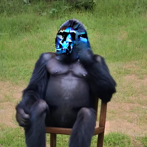 Prompt: a gorilla wearing a suit sitting on a chair smoking a cigar