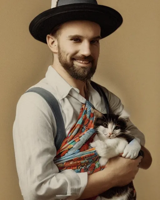 Image similar to gentlemen wearing a hat with floral print and wearing a baby sling on the back with a kitten in the sling, color studio portrait, golden ratio, backlit, happy, detailed eyes