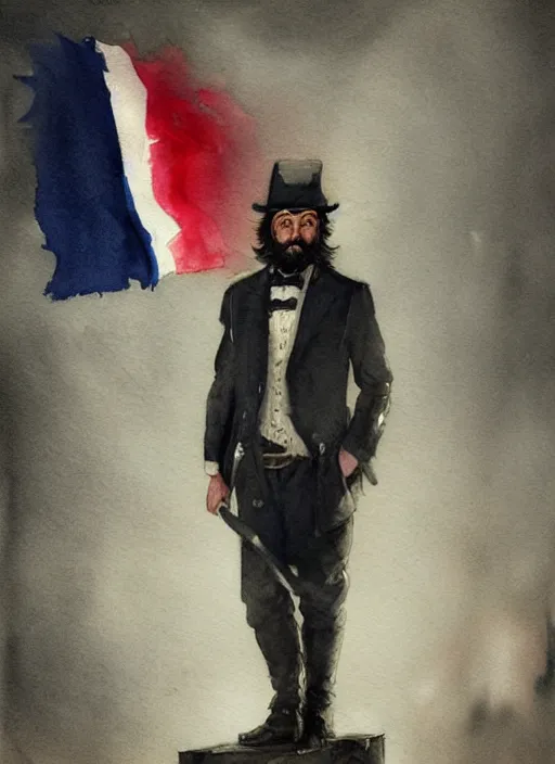 Image similar to portrait, a handsome small Frenchman with beard and long black hair toasting with whiskey, French flag in the background, watercolor, dramatic lighting, cinematic, establishing shot, extremely high detail, foto realistic, cinematic lighting, digital art, by Yoshitaka Amano, Ruan Jia, Kentaro Miura, Artgerm, post processed, concept art, artstation, matte painting, style by eddie mendoza, raphael lacoste, alex ross