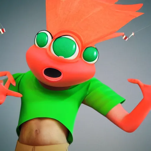 Image similar to light pink mosquito with a long pointy red nose, a green mohawk and green eyebrows wearing a yellow and orange striped t - shirt, cartoon