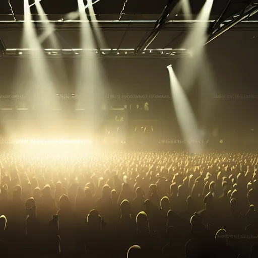 Image similar to a lone singer on stage, with spotlight beam, huge crowd in audience, facing stage, zoom lens, ultra realistic, artstation, dramatic lighting, album