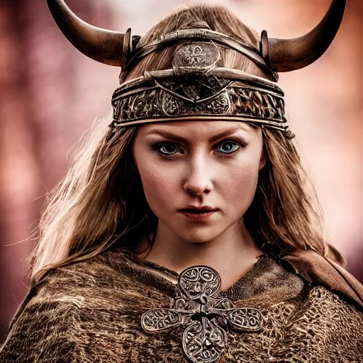 Image similar to beautiful Viking queen with ornate cloak, highly detailed, 4k, HDR, smooth, sharp focus, hyper realistic, high resolution, award-winning photo
