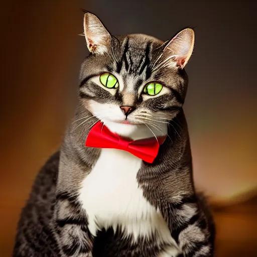 Image similar to A cat wearing a hat and has a miniature bow tie, hyper realistic, HD, HQ, photo realistic