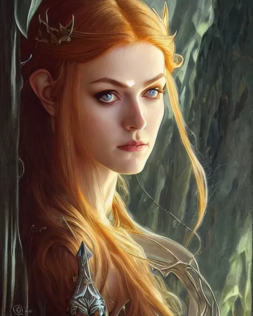 Image similar to portrait of katherine mcnamara elven mage, dark, piercing eyes, gentle expression, elegant clothing, photorealistic, highly detailed, artstation, smooth, sharp focus, art by michael whelan, artgerm, greg rutkowski and alphonse mucha