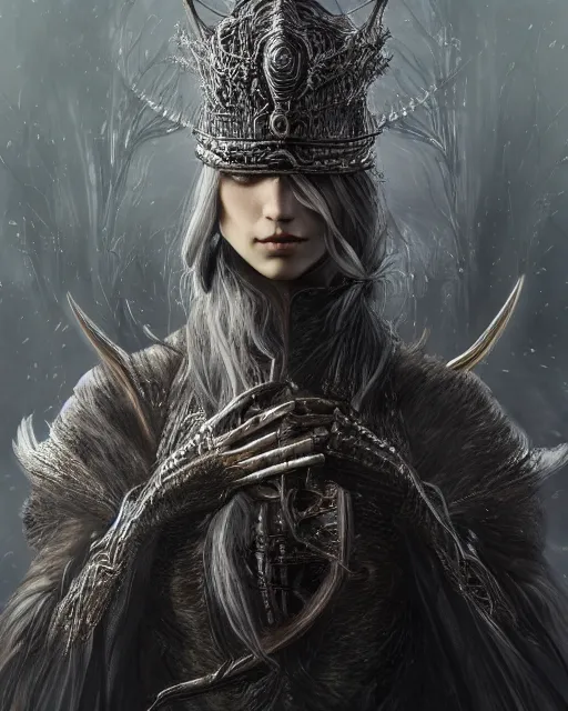 Image similar to highly detailed sharp photorealistic portrait of a beautiful female hunter with shimmering hair, symmetrical face and eyes, dressed in intricate silver, cgsociety, Elden Ring, Dark Souls, Bloodborne