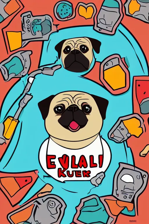 Prompt: Pug as a evil killer, sticker, colorful, illustration, highly detailed, simple, smooth and clean vector curves, no jagged lines, vector art, smooth