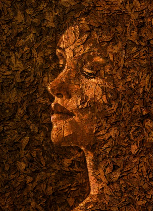 Image similar to a woman's face in profile, made of dried leaves, in the style of the dutch masters and gregory crewdson, dark and moody