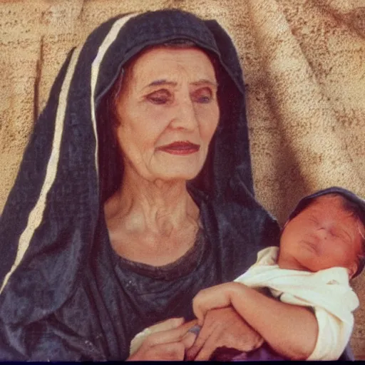 Image similar to film still of 80 year old sentimental Mediterranean skinned woman in ancient Canaanite clothing holding a newborn baby, crying, awe, love, ancient interior tent background, Biblical epic movie