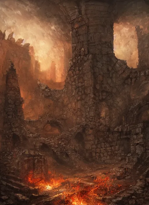 Image similar to ruins in hell, oil painting by tomasz jedruszek, cinematic lighting, pen and ink, intricate line, hd, 4 k, million of likes, trending on artstation