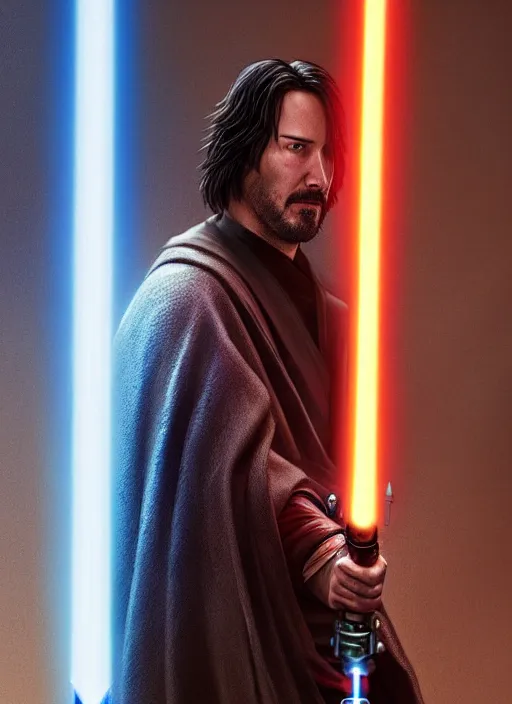 Image similar to a jedi holding a lightsaber, keanu reeves, greg rutkowski, 8 k, shallow depth of field, intricate detail, concept art,