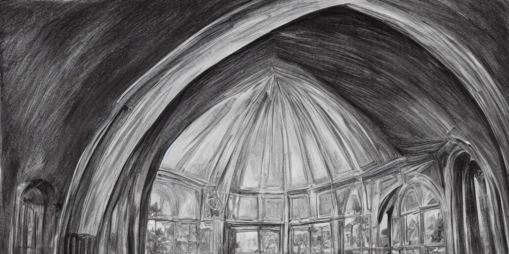 Image similar to hyper real, hyper detailed mat - painting sketch of an arch and dome interior with windows to gaze at the stars at night in a large recessed living room in the country with a view of a forest out side