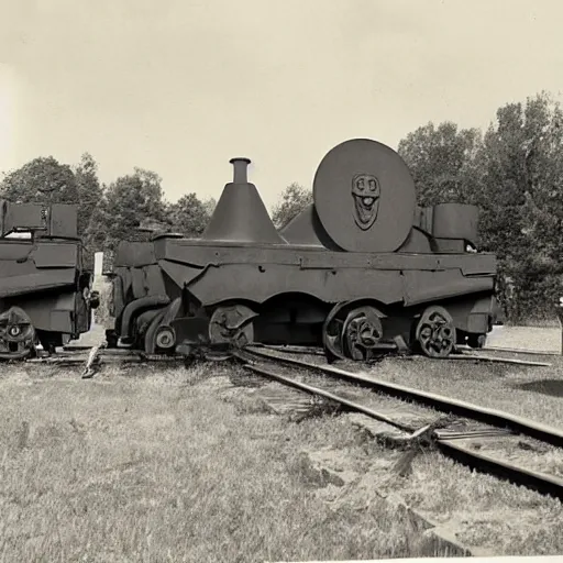 Image similar to WW2 era photograph of a Schwere-Gustav train artillery from WW2 with with Thomas the Tank Engine face