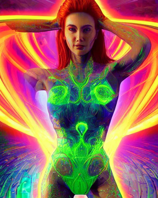 Image similar to a powerful energy psychedelic matrix woman, by alexander fedosav, hyper detailed digital matte painting, concept art, hyperrealism, 1 6 k resolution, cinema 4 d, 8 k resolution, trending on artstation, behance hd, a masterpiece, by stephan martiniere, particles, cel - shaded, power bright neon energy, by david a. hardy,