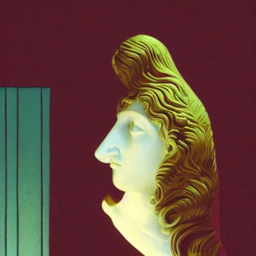 Image similar to close - up of a girl in a temple, film still by wes anderson, depicted by canova, limited color palette, very intricate, art nouveau, highly detailed, lights by hopper, soft pastel colors, minimalist
