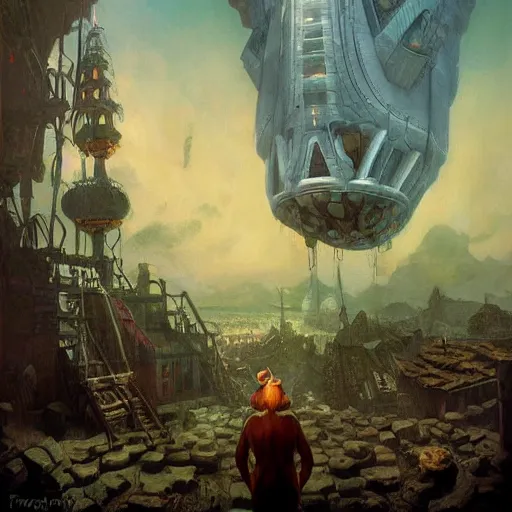 Image similar to Fantasy village, the inhabitant looking up at the sky. The sky is completely covered to the horizon by an incredibly huge airship-like ship. Extremely high detail, realistic, dark fantasy art, masterpiece, 8k, octane rendering, Victoria Frances painting, art by Frank Frazetta