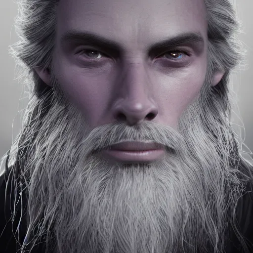 Image similar to a highly detailed portrait of a man without a beard, purple eyes, light gray long hair, wearing a black cloak, artstation, DeviantArt, professional, octane render