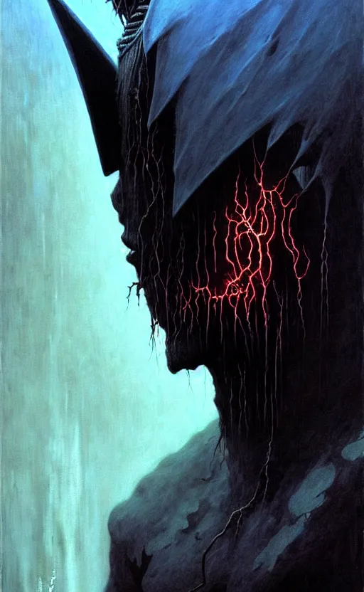 Image similar to a striking full body portrait of a pitch black masked eldritch shaman with jagged black horns by moebius and beksinski and artgerm, detailed artwork, realism, 4 k resolution, detailed, high quality, sharp focus, hq artwork, insane detail, volumetric lighting, character concept art, fine details, tarot card, clear subject