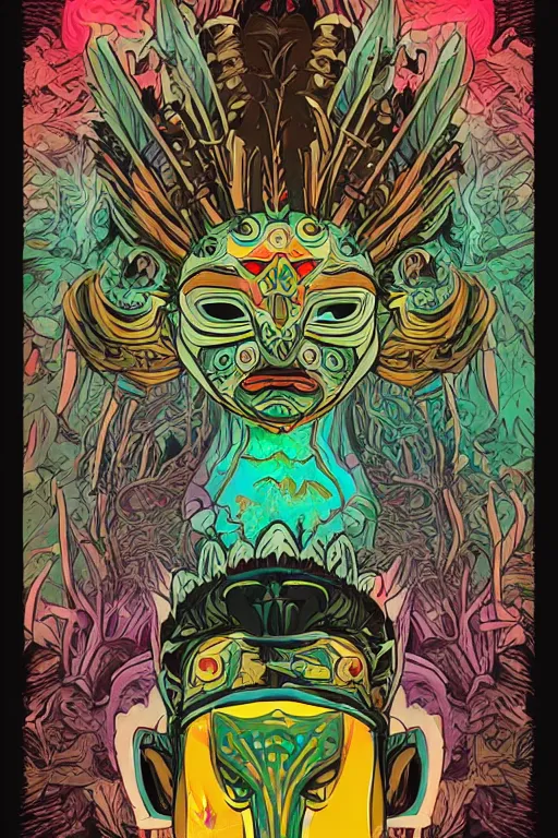 Image similar to animal mask totem roots flower tribal feather gemstone plant wood rock shaman vodoo video game vector cutout illustration vivid multicolor borderlands comics by josan gonzales and dan mumford radiating a glowing aura