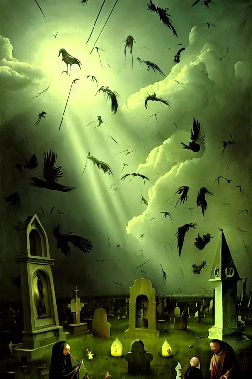 Image similar to hieronymus bosch, greg rutkowski, anna podedworna, painting of a hand made of raven feathers reaching down from the clouds, god rays, wide shot of a graveyard lit by spooky green lights