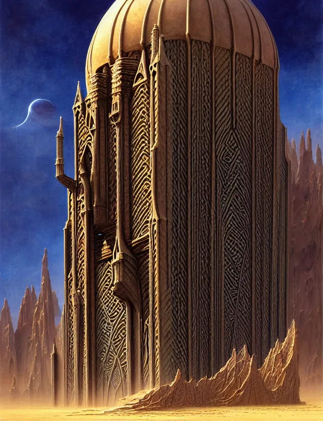 Image similar to giant immense crematorium advanced technology sci - fi architectural structure on desert planet, gothic architecture fantasy, d & d, intricate, painting by lucian freud and mark brooks, bruce pennington sakimi chan, fantasy armor, detailed face, dynamic lighting, tony sart