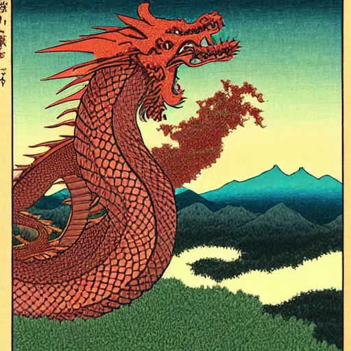 Prompt: dragon, landscape art by Kawase Hasui