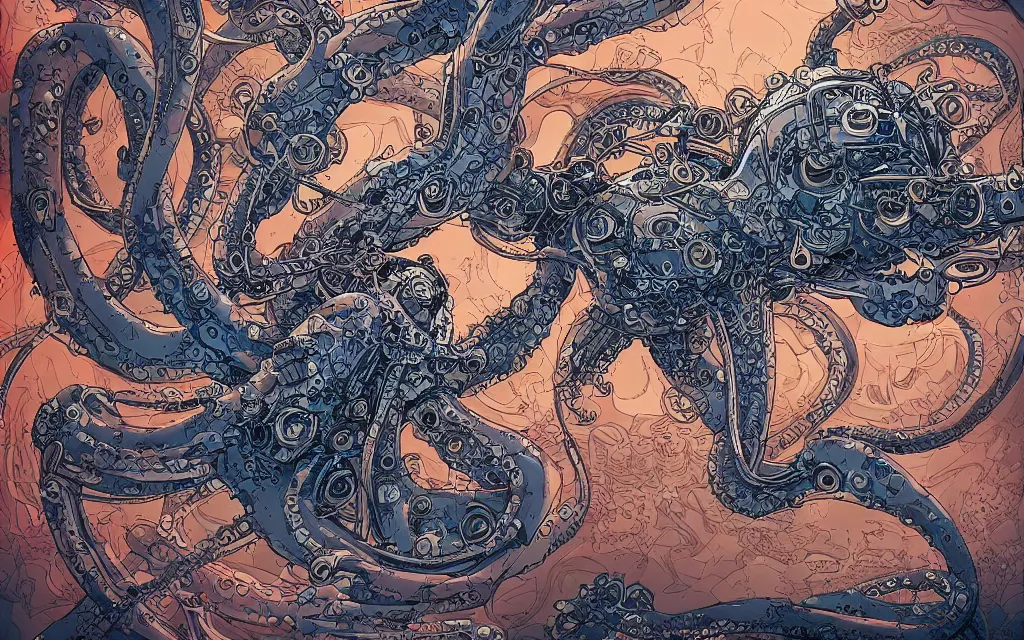 Image similar to biomechanical flying octopus, in the style of james jean and laurie greasley, dynamic composition, dramatic lighting, ultra detailed, nitro colors