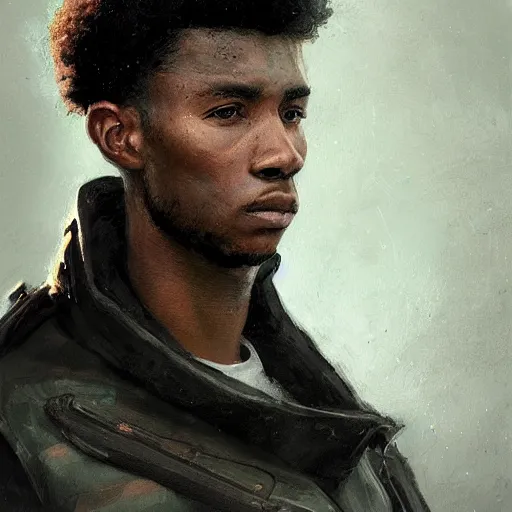 Image similar to Portrait of a man by Greg Rutkowski, he is about 20 years old, black, attractive, military composure, short black curly hair, american, trustworthy look, he is wearing futuristic military fatigues, highly detailed portrait, digital painting, artstation, concept art, smooth, sharp foccus ilustration, Artstation HQ.