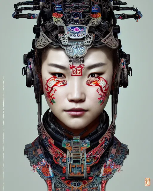 Image similar to portrait of a machine from horizon zero dawn, machine face, upper body, decorated with chinese opera motifs, asian, bian lian, traditional chinese art, intricate, elegant, highly detailed, digital painting, artstation, concept art, smooth, sharp focus, illustration, art by artgerm and greg rutkowski and alphonse mucha, 8 k