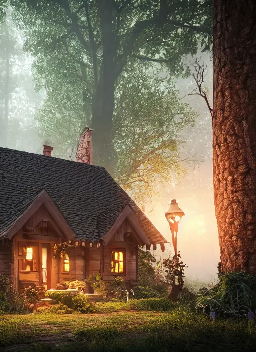 Image similar to hyper realistic homely witch cottage with random architectural styles, in the woods gorgeous lighting, highly detailed, lush forest architectural render, octane render, ue 5 raytraced