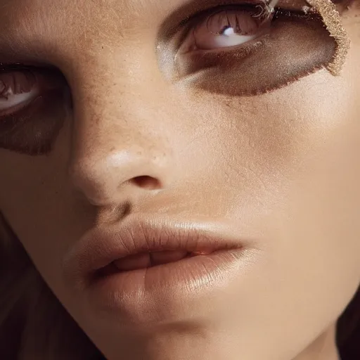 Prompt: close up of face of female fashion model, baroque style, beige colors, official jil sander editorial, highly detailed