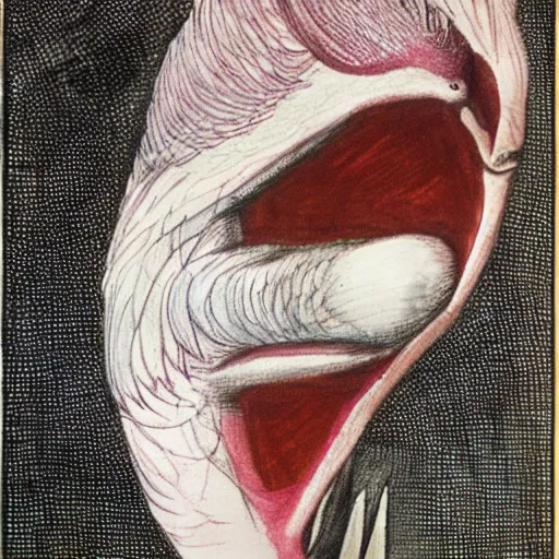 Image similar to human / eagle hybrid with one big beak, drawn by francis bacon