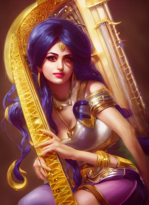 Image similar to sona, from league of legends, with an harp, hyper detailed, digital art, trending in artstation, cinematic lighting, studio quality, smooth render, unreal engine 5 rendered, octane rendered, art style by klimt and nixeu and ian sprigger and wlop and krenz cushart