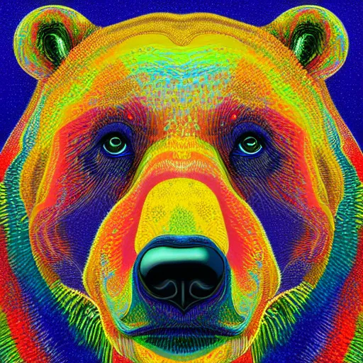 Prompt: a painting of a bear's face with red, yellow, and blue colors, a pointillism painting by mati klarwein, shutterstock contest winner, computer art, impressionism, digitally enhanced, painterly