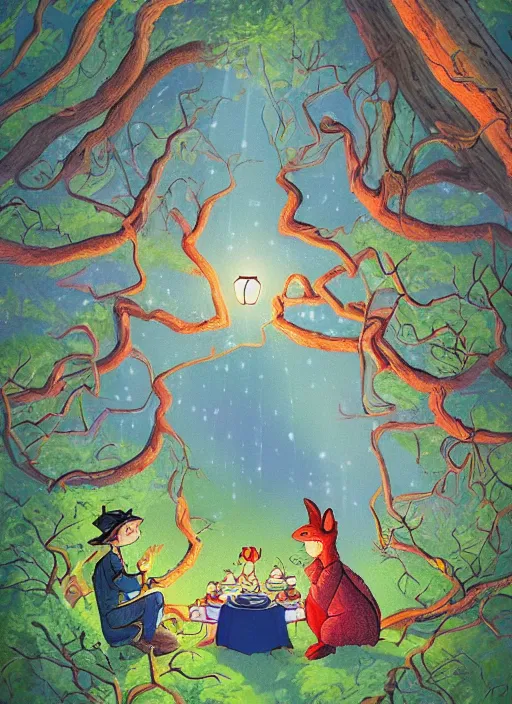 Prompt: a nighttime tea party in a hollow tree, as seen from the canopy, colorful lanterns in the branches, dense forest, massive trees with warm windows, huge tree trunks, low light, dark blue sky, trending on artstation, highly detailed, in the style of Over the Garden Wall and A. A. Milne