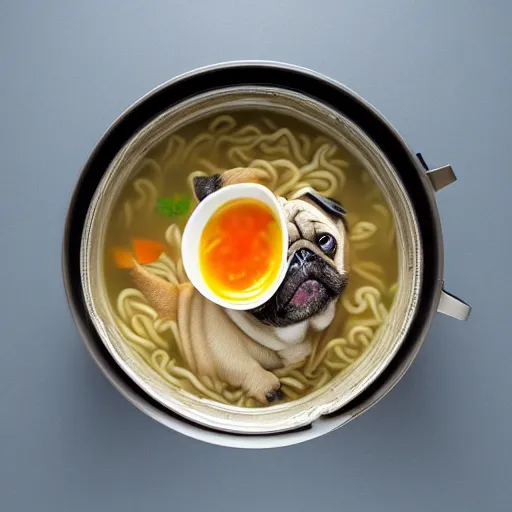 Image similar to An adorable pug sitting in a pot of ramen noodle soup atop a stove, high resolution photograph