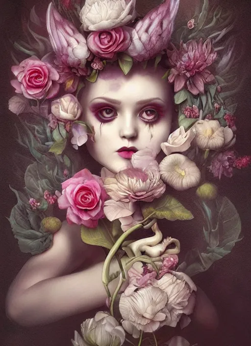 Prompt: pop surrealism, lowbrow art, realistic cute flowers painting, hyper realism, muted colours, rococo, natalie shau, loreta lux, tom bagshaw, mark ryden, trevor brown style,