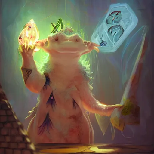 Prompt: Anthropomorphized Axolotl magician casting magic spell, Magic the gathering artwork, magic shop, shelves full, selling a gem, portrait, items, magic potions, specimens in glasses, carpet, window, sly expression , D&D, fantasy, cinematic lighting, highly detailed, digital painting, artstation, concept art, smooth, sharp focus, illustration, warm light, cozy warm tint, magic the gathering artwork, volumetric lighting, 8k, art by Akihiko Yoshida and Greg Rutkowski