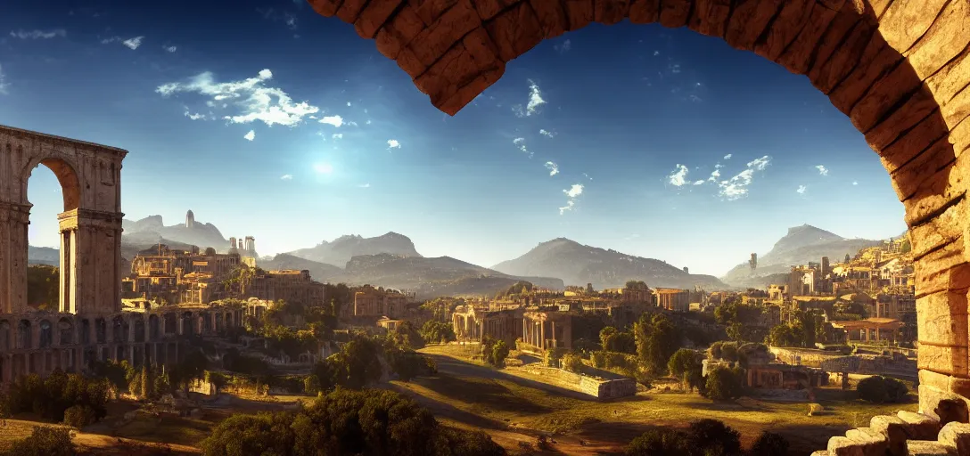 Image similar to epic view of giant roman aqueduct over beautiful italian city, clear blue skies, mountains and hills in the far background distance, unreal engine, dramatic lighting, detailed, ambient occlusion, global illumination, god rays, 3 d artstation render by greg rutowski and jessica rossier