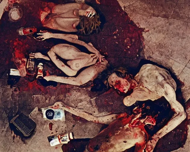 Prompt: overhead image of a dead couple in style of Francis Bacon and Egon Schiele and Willem de kooning, interior room with a pool of blood and stray dog barking, messy living room with beer cans on the floor. Art by Henry Clarke, Still from 1982 movie The Thing. Beksiński Masterpiece