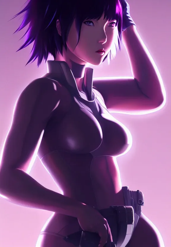 Image similar to a fullbody portrait of motoko kusanagi the major ghost in the shell : : stand alone complex, under repairs, maintenance : : by ilya kuvshinov, rossdraws, artgerm, sola digital arts, anti aliasing, raytracing : :