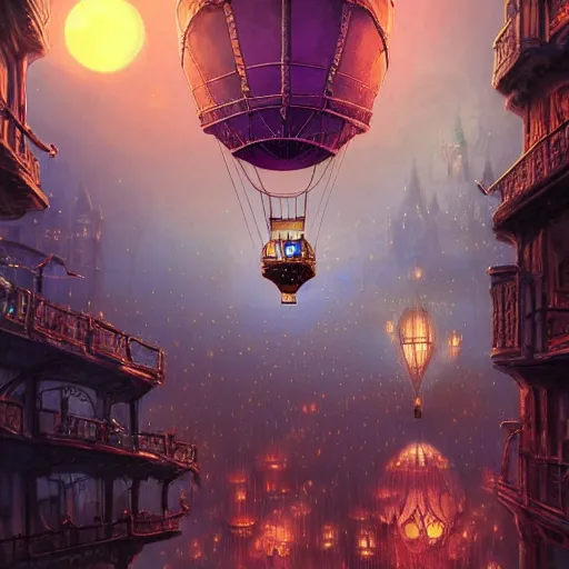 Image similar to a beautiful stunning fantasy whimsical matte digital illustration of a scene of a steampunk hot - air balloon over a lit steampunk city at night by marc simonetti, pastel color palette, disney magic the gathering steampunk!!!, chiaroscuro magical! bokeh moon stars dramatic romantic! epic breathtaking, clock tower,, trending on artstation hq, masterpiece