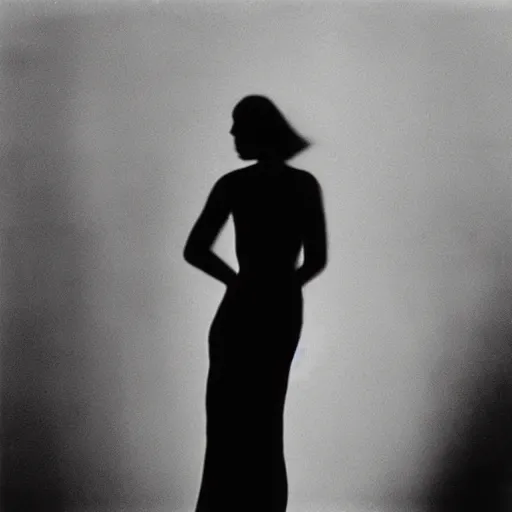 Image similar to “Portrait of a femme fatale. Shadow and light. Abstract. Surrealist. Black and white. Side lighting. Photography by Dora Maar. 1934”