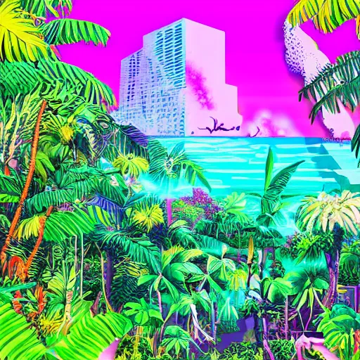 Image similar to vaporwave jungle on nebula beach