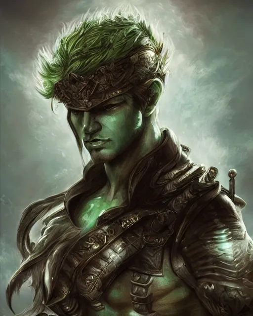 Prompt: portrait of a male warrior, fierce, masculine, ross tran, green - eyes, muted colors, highly detailed sculpture, intricate detailed, ommatidia, 8 k, cinematic atmosphere