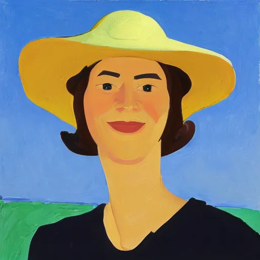 Prompt: woman with hat, by Alex Katz, colorful, smiling, golden hour, oil on canvas