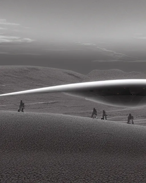 Image similar to the Invincible. Stanislav Lemm. Starship landing in desert. Digital art